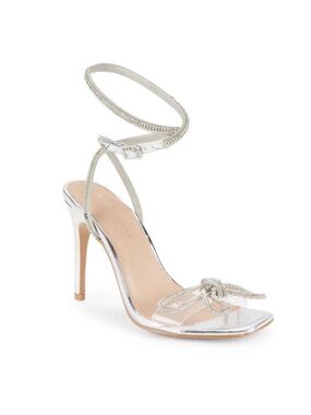 BCBGENERATION Illara Crystal Embellished Bow Ankle Strap Sandals Silver Size 9